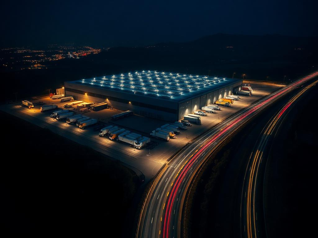 Vista aérea nocturna de un centro logístico junto a la autopista